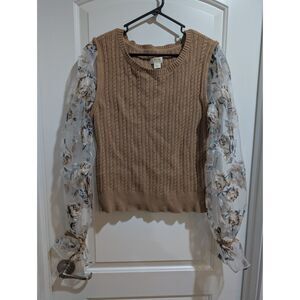 Maeve Beige Knit Vest Top with Floral Sheer Sleeves XL